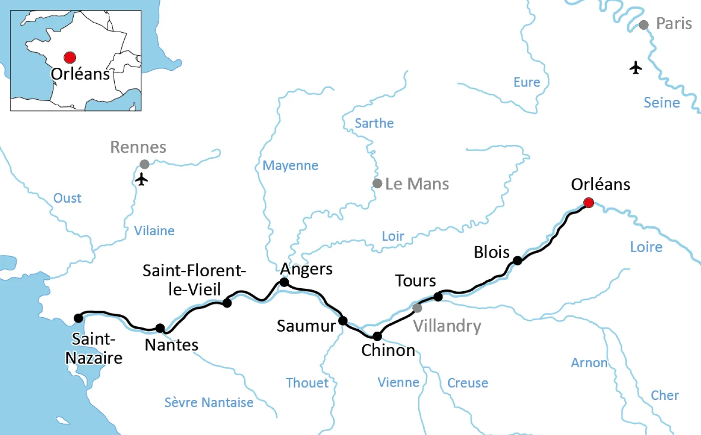 Map of the Loire cycle tour for sporty cyclists