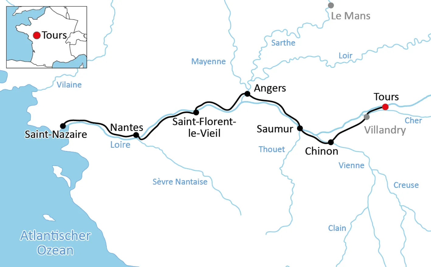 Map for the Loire Cycle Path to the Atlantic