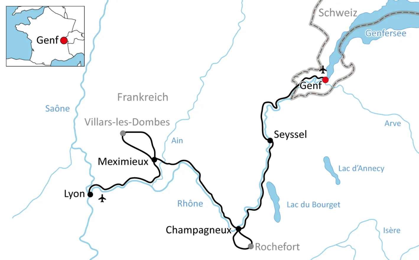 Map for cycling tour along the Rhône from Geneva to Lyon