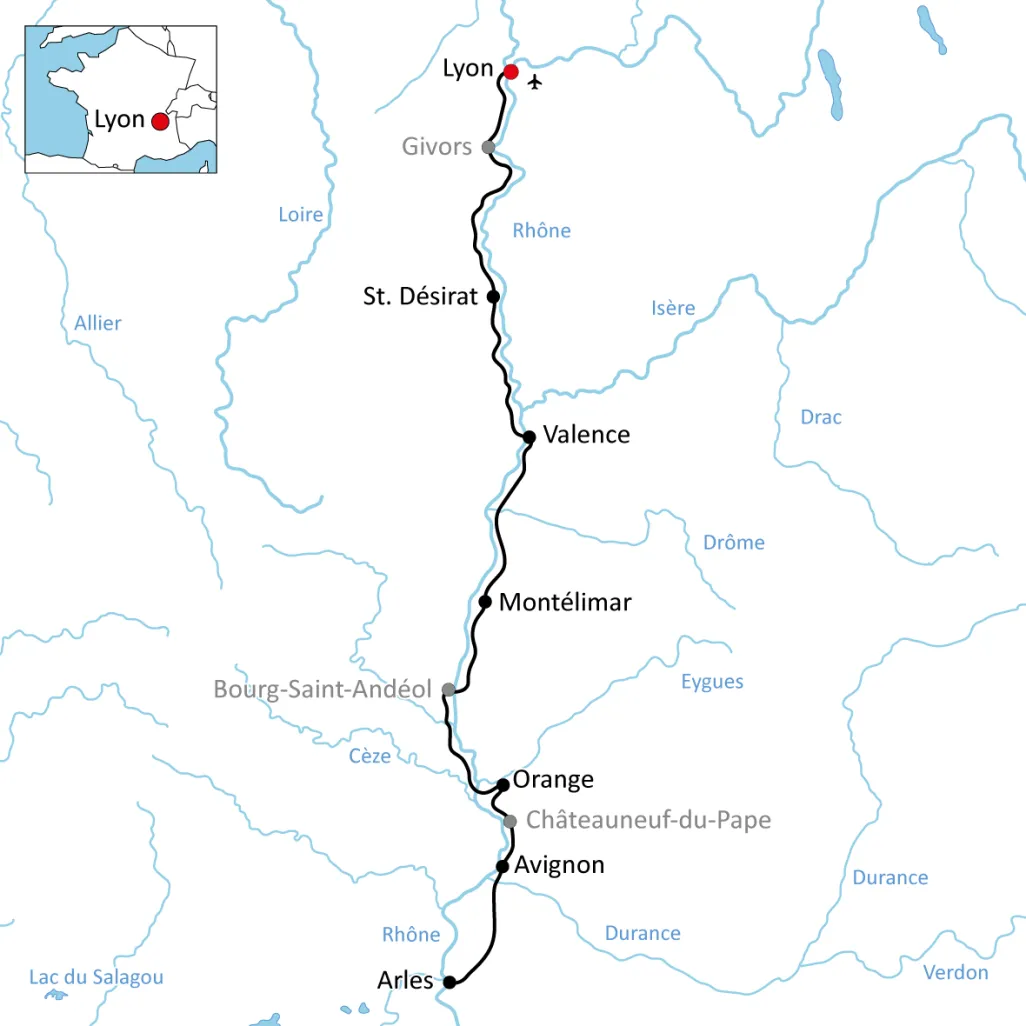 Map for the cycle tour along the Rhône from Lyon to Arles