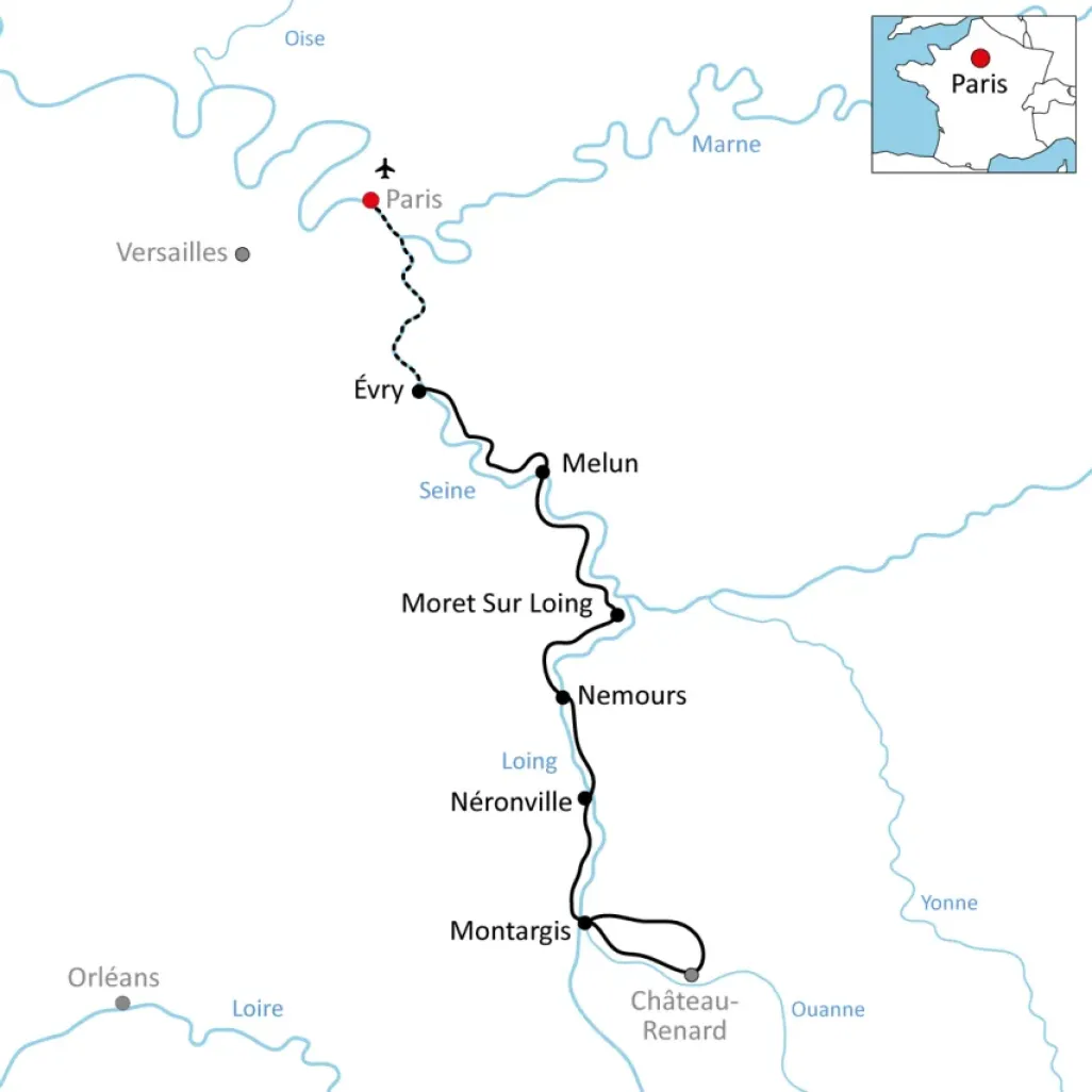 Map for a trip by bike and boat on the Seine