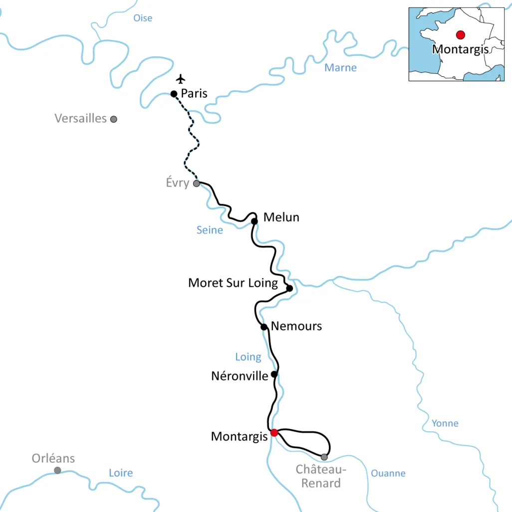 Map for a trip by bike and boat on the Seine