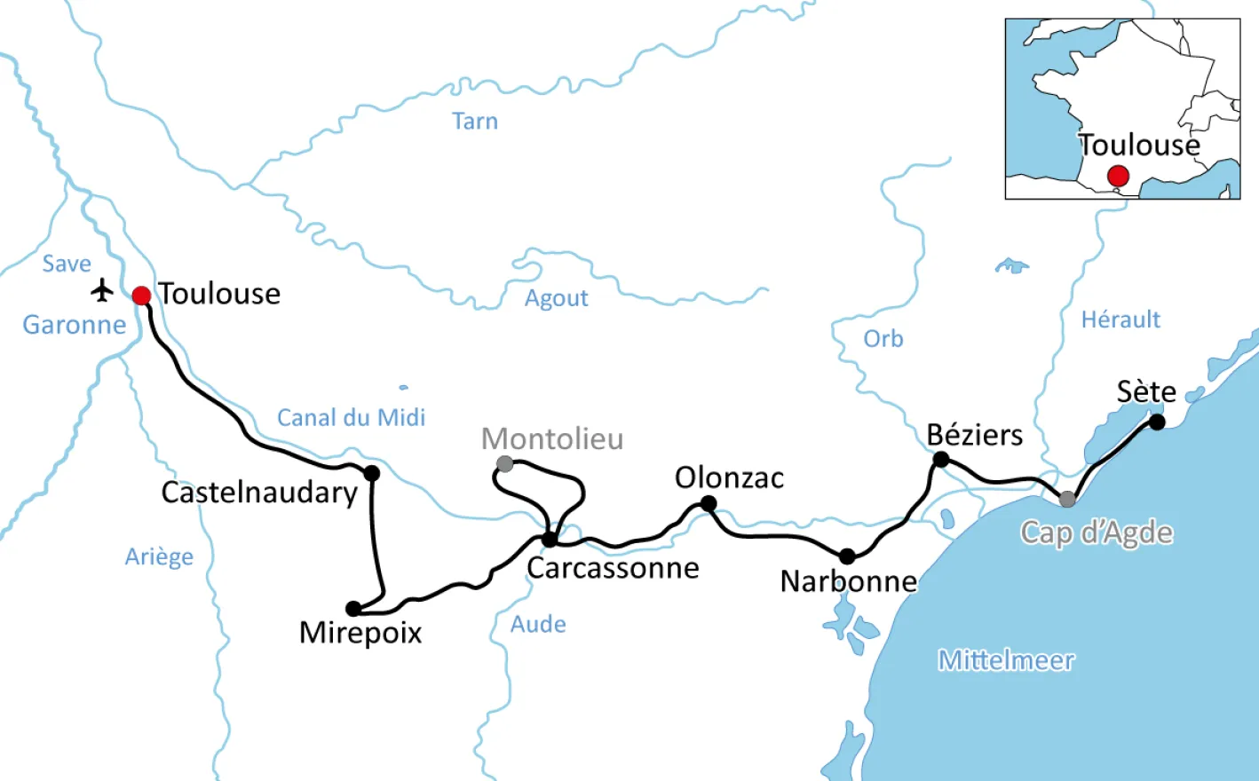 Map for a cycling holiday along the Canal du Midi