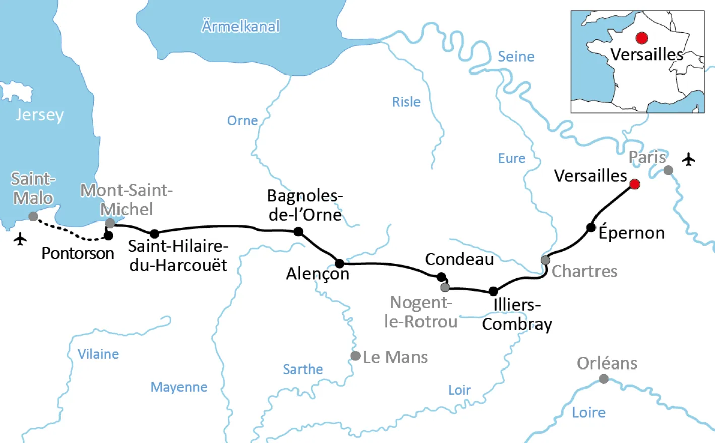 Map for the cycling tour in Normandy