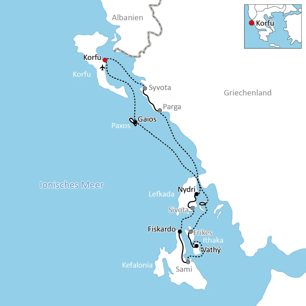 Map for the trip by bike & boat on Corfu and the Ionian Islands