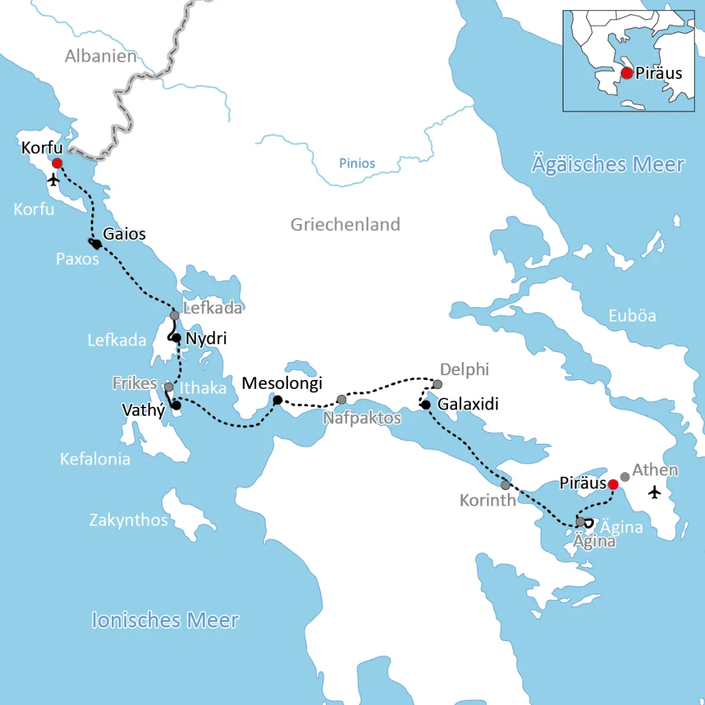 Map for the trip by bike and boat to the Ionian Islands