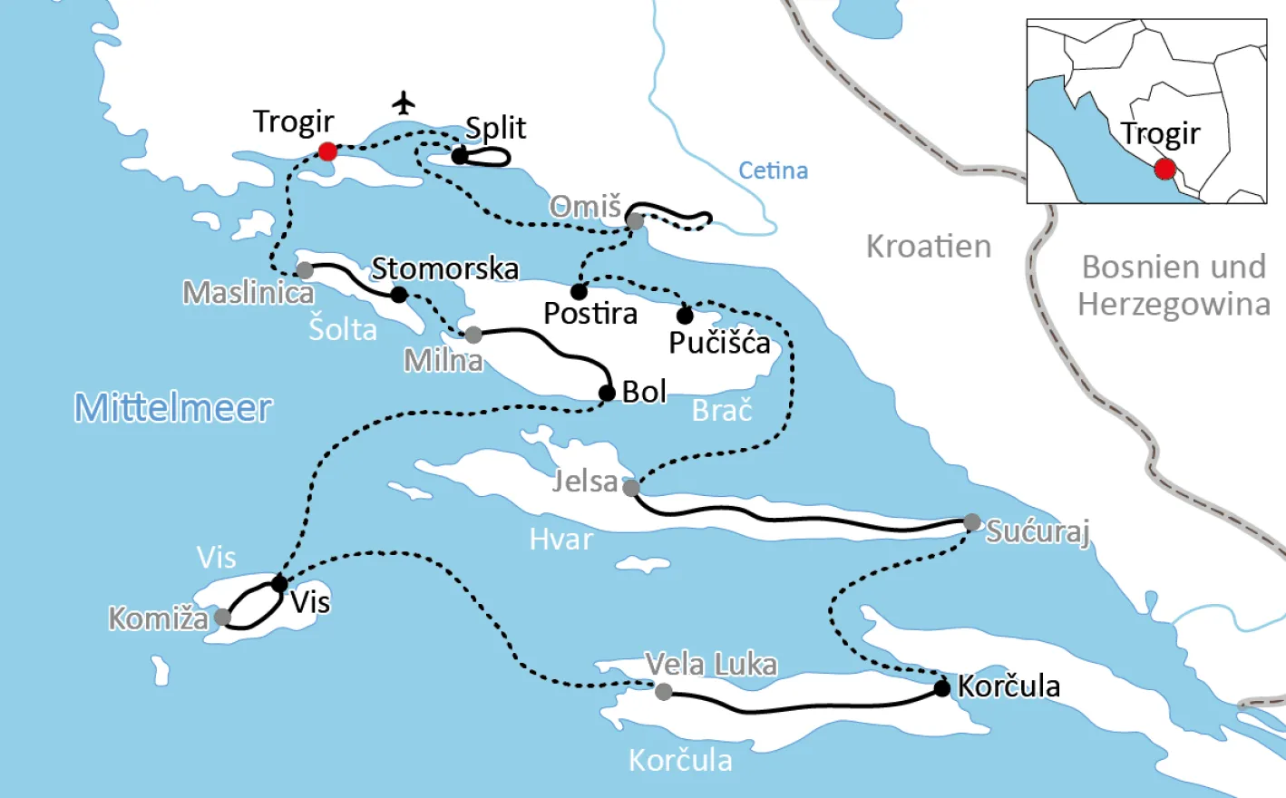 Map for island hopping in Croatia for sporty people