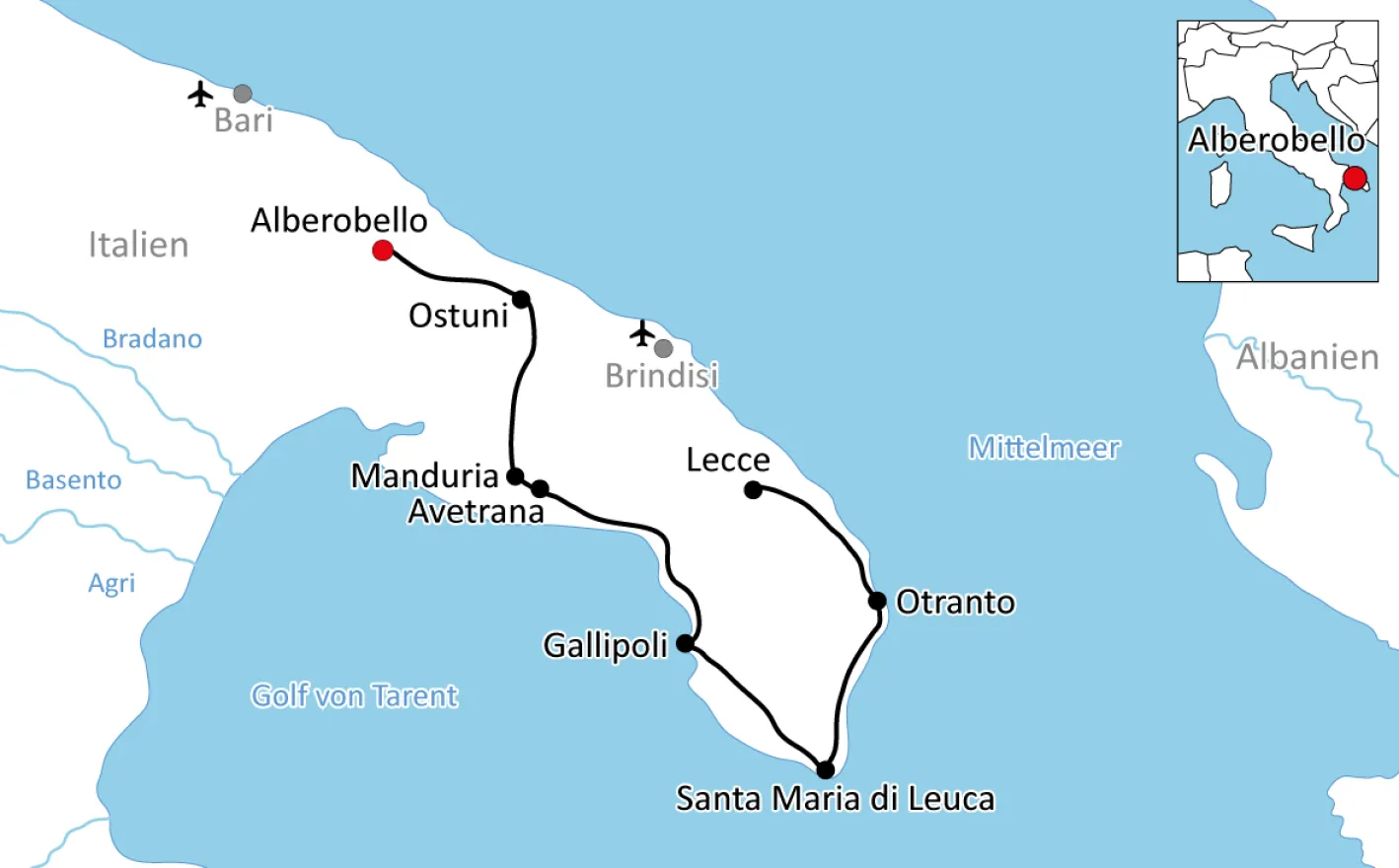 Map for the Cycling Tour in Puglia
