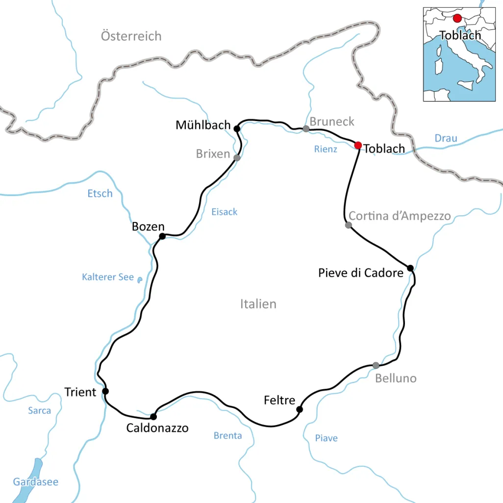 Map of the cycle tour around the Dolomites