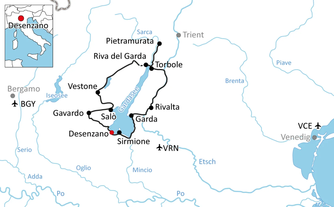 Map for cycling around Lake Garda