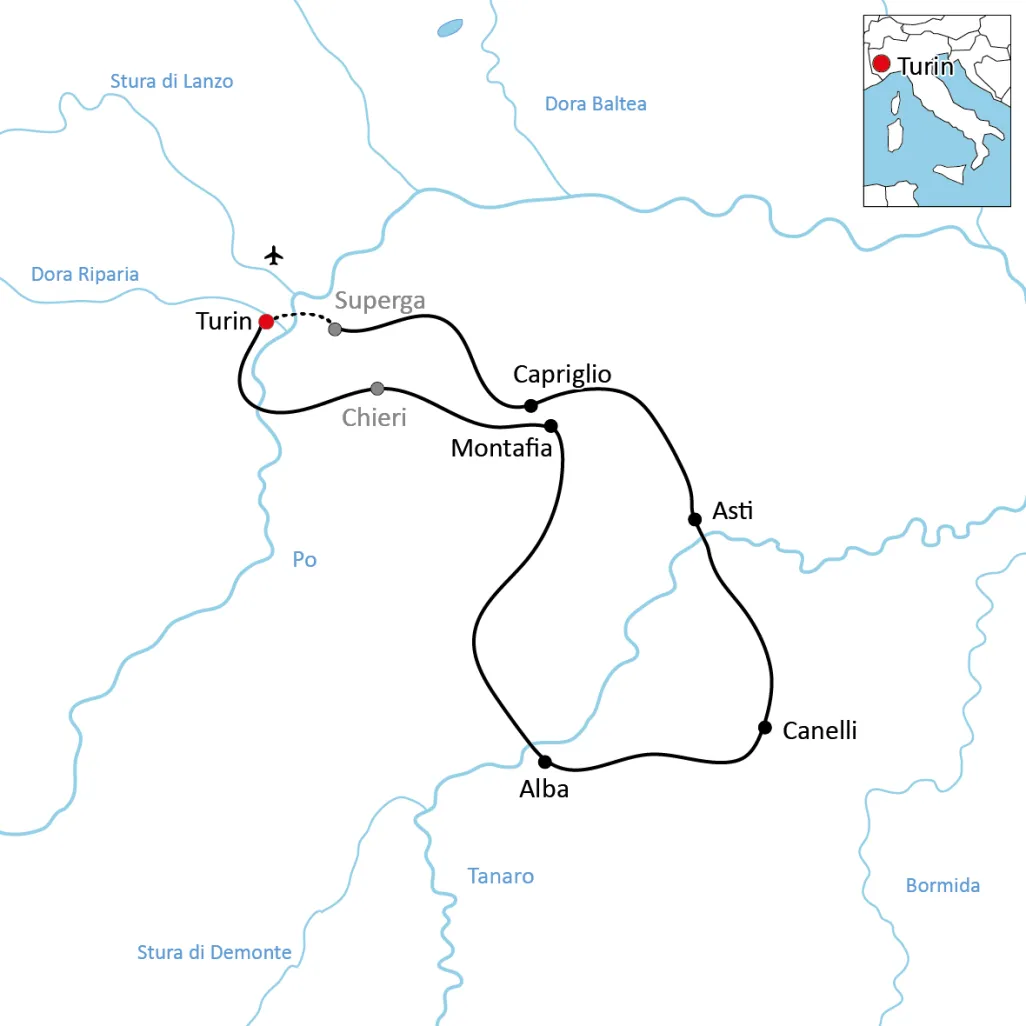 Map for your cycling vacation in Piedmont