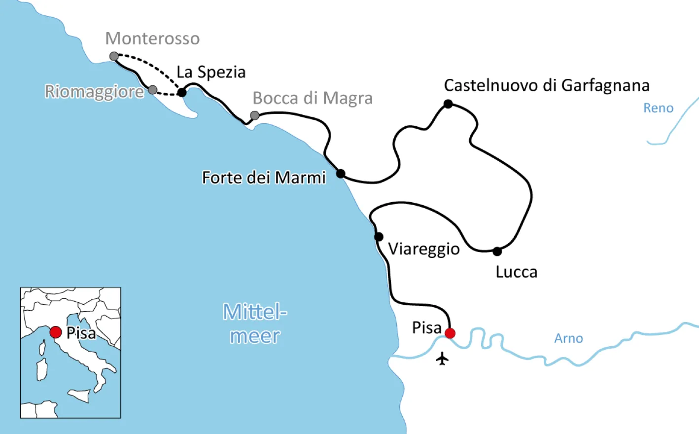 Map for the cycle tour from Pisa to the Cinque Terre