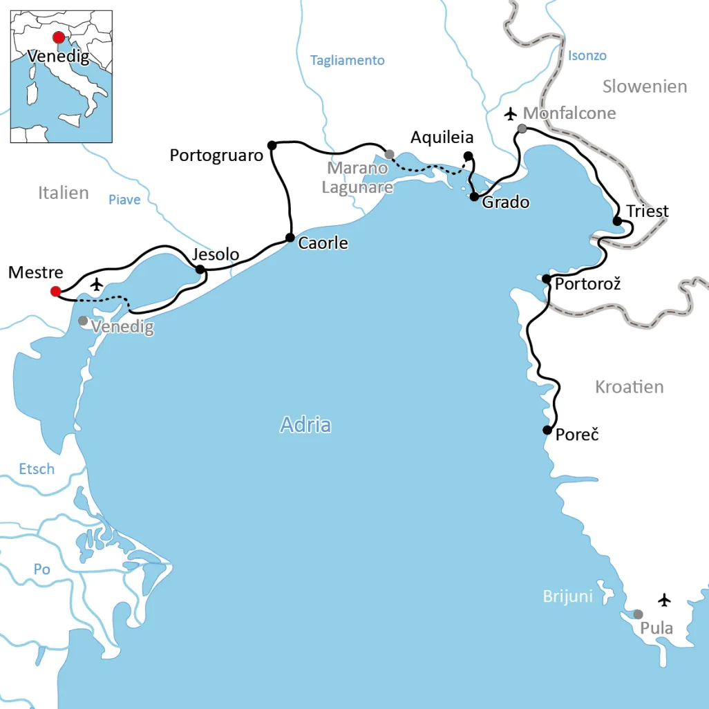 Map for the cycling tour along the Adriatic Sea to Istria