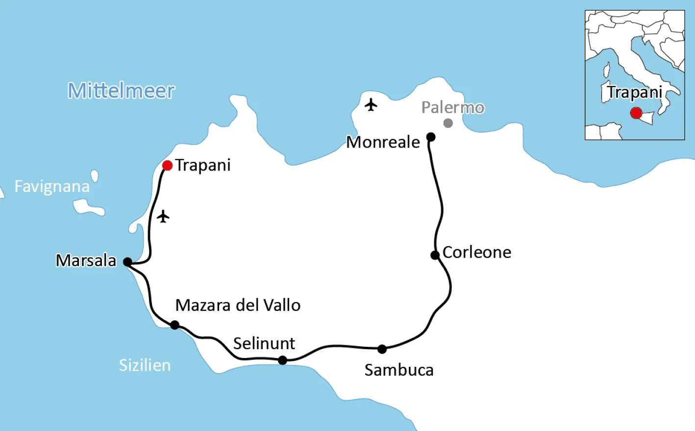 Map of the Cycling Tour in Western Sicily