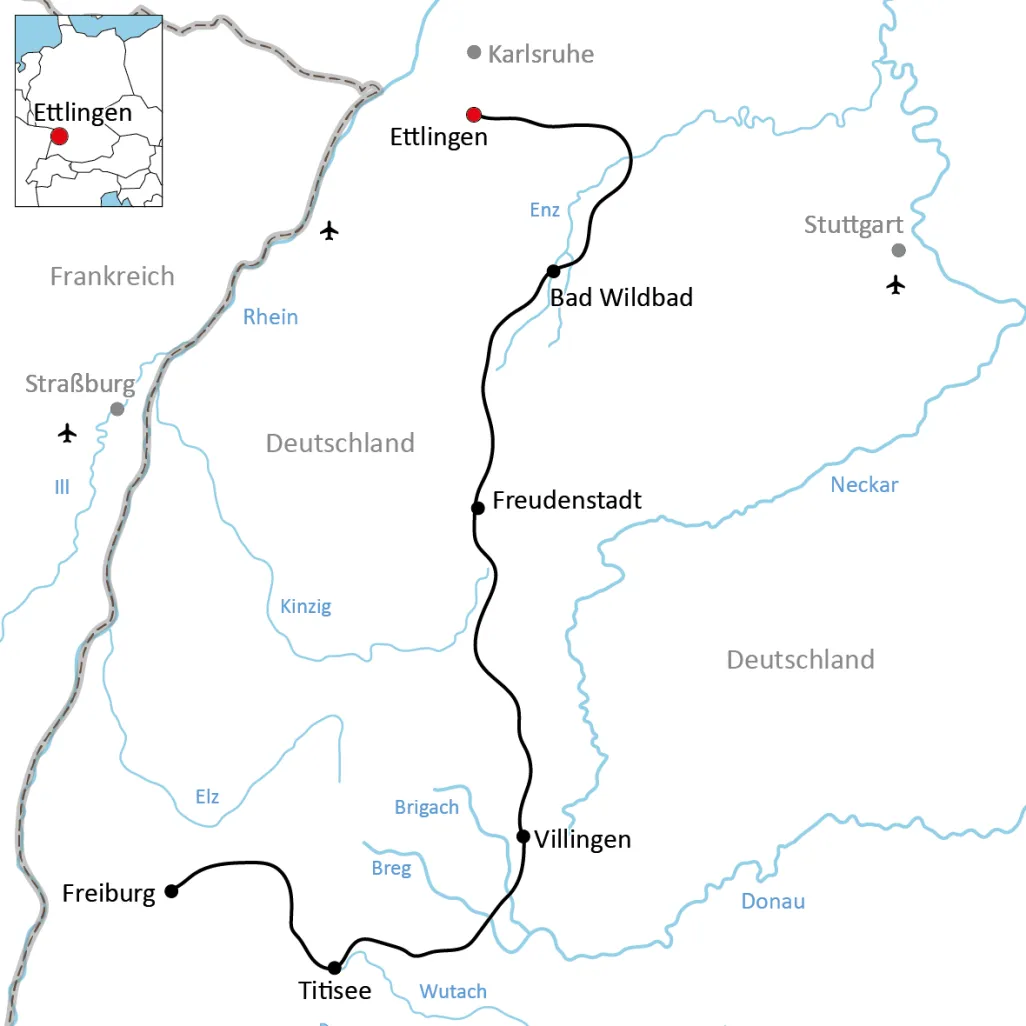 Map for the trip on the Black Forest Panorama Cycle Route