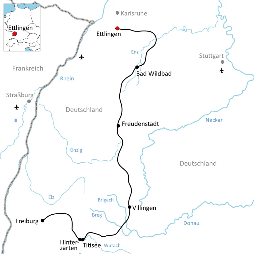 Map for the journey on the Black Forest Panorama Cycle Route