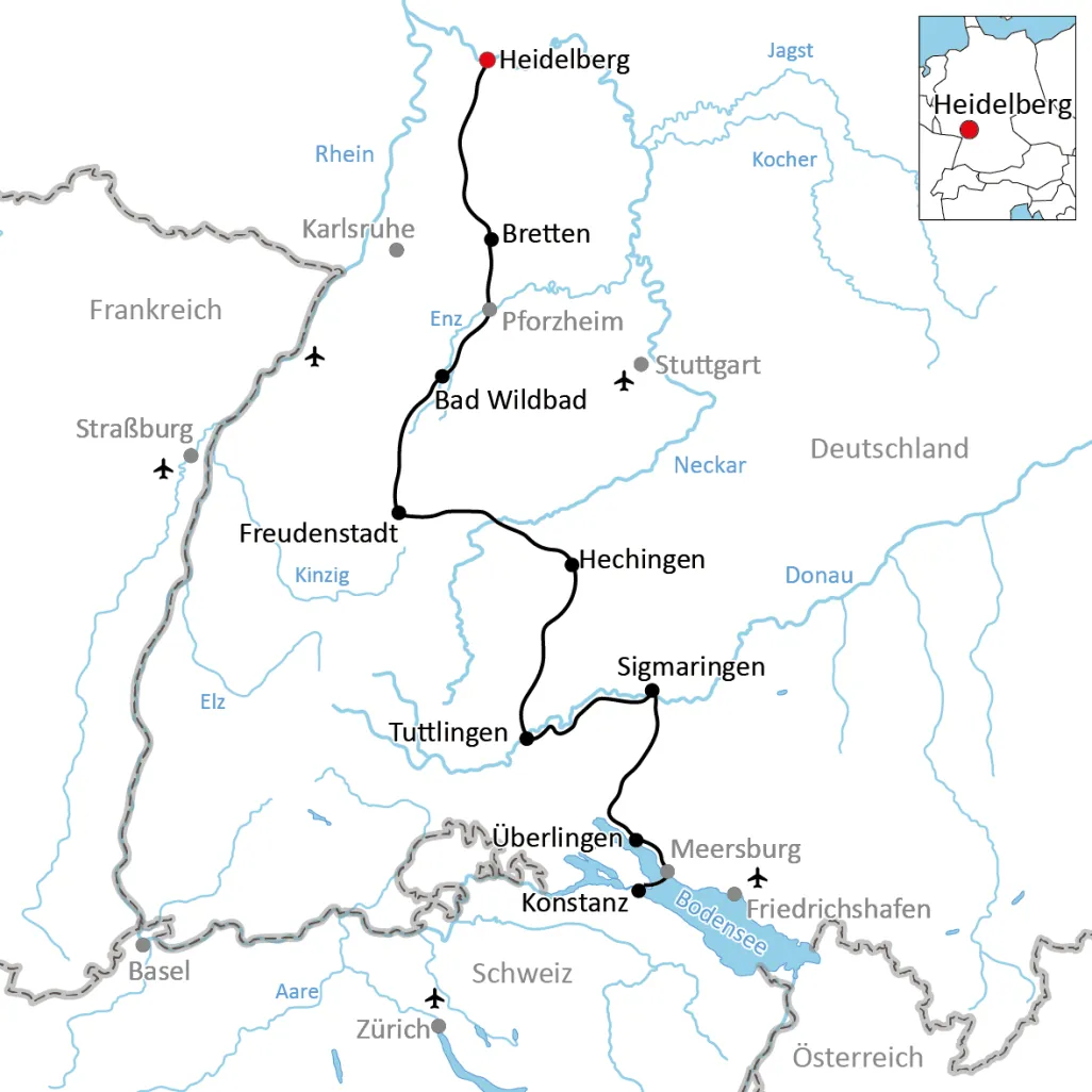 Map for bike tour across Baden-Württemberg