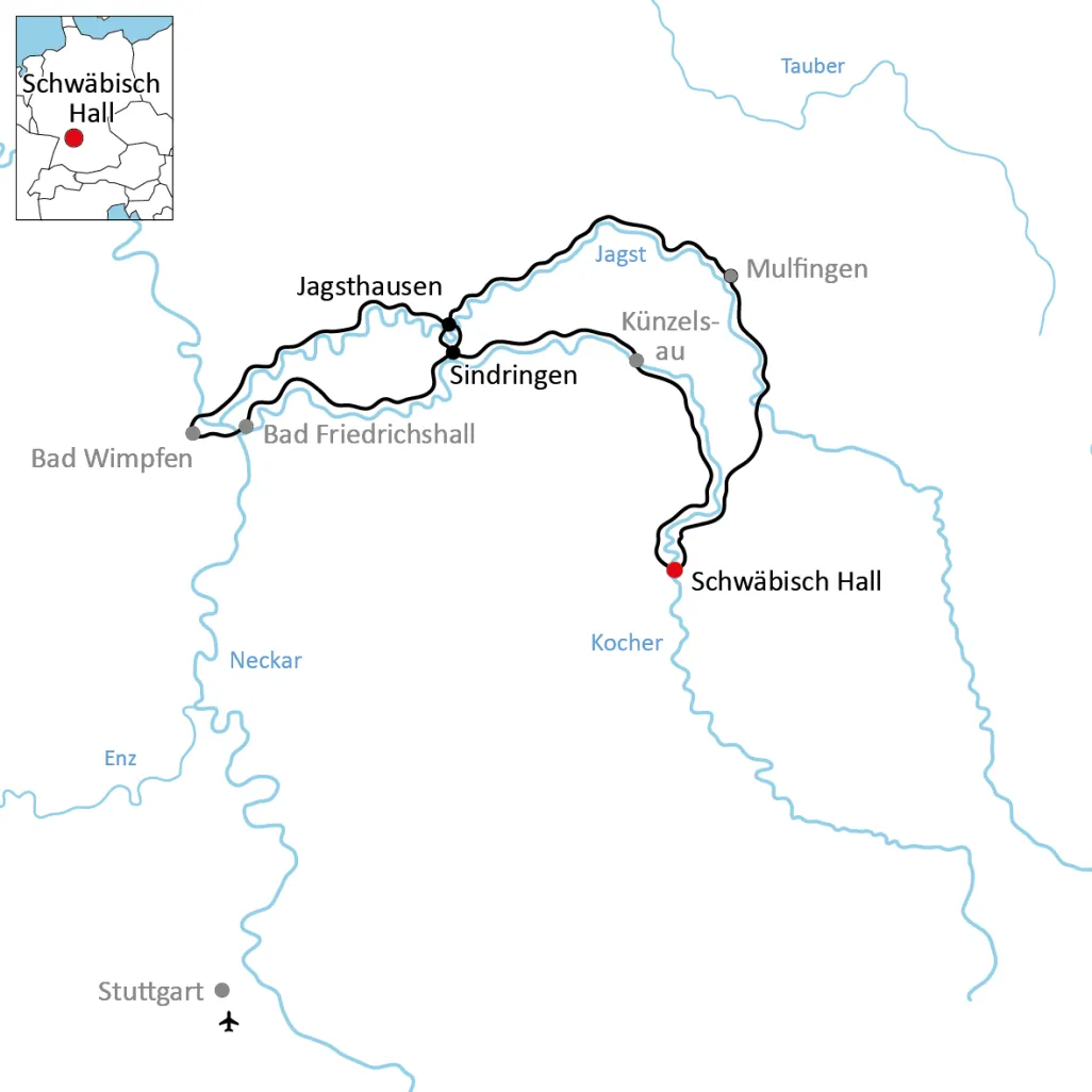 Map  cycle tour along the Kocher and Jagst rivers