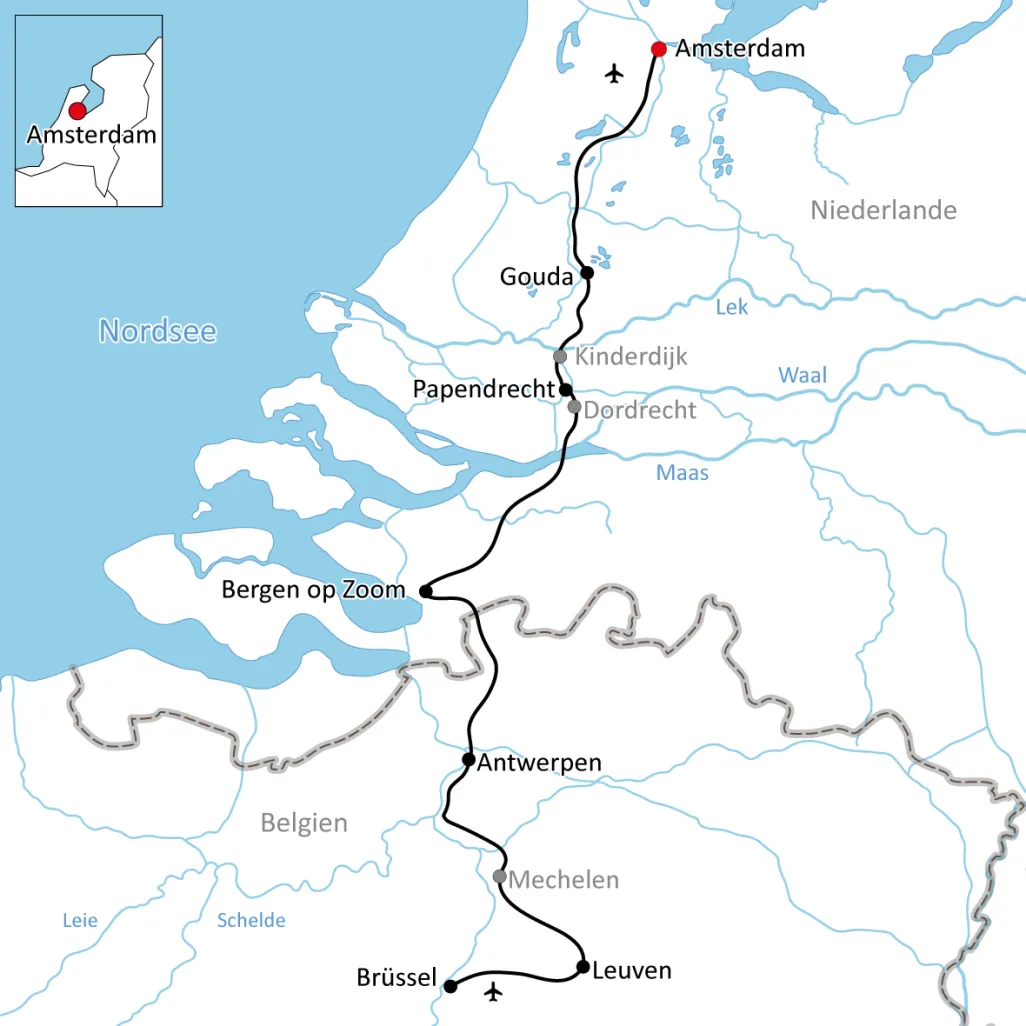 Map of the bike tour from Amsterdam to Brussels