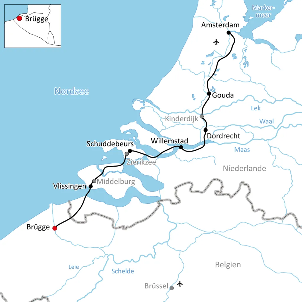 Map for the bike tour from Bruges to Amsterdam
