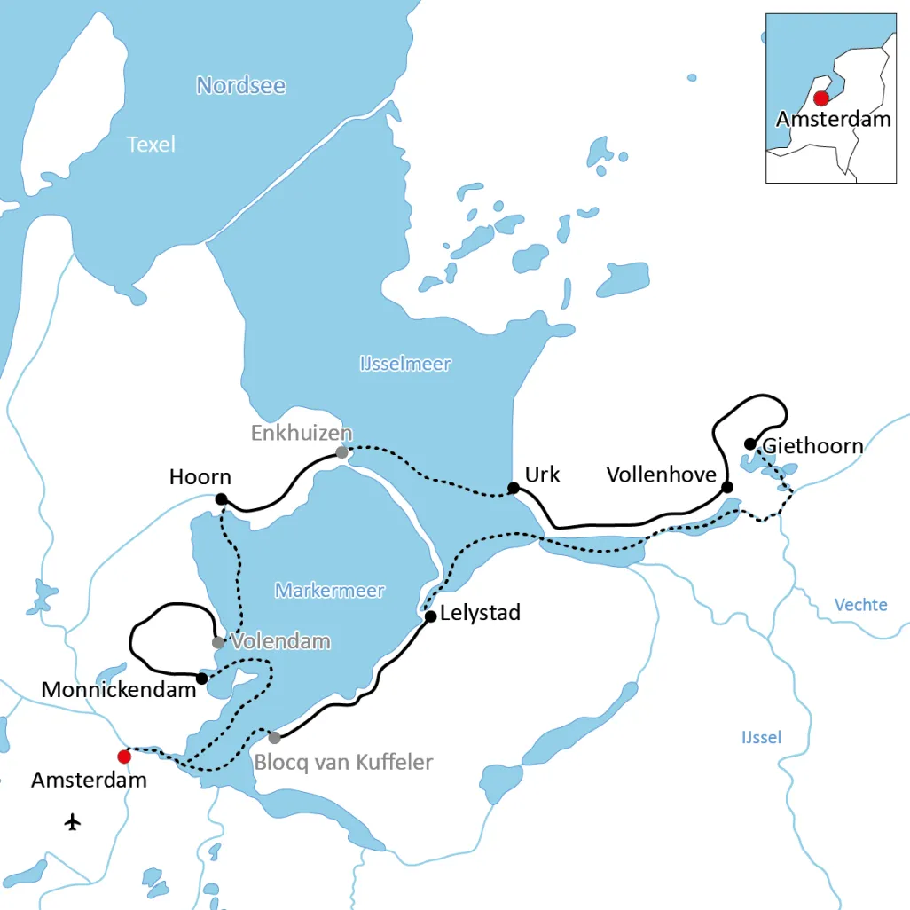 Map of the cycling and sailing trip on the IJsselmeer