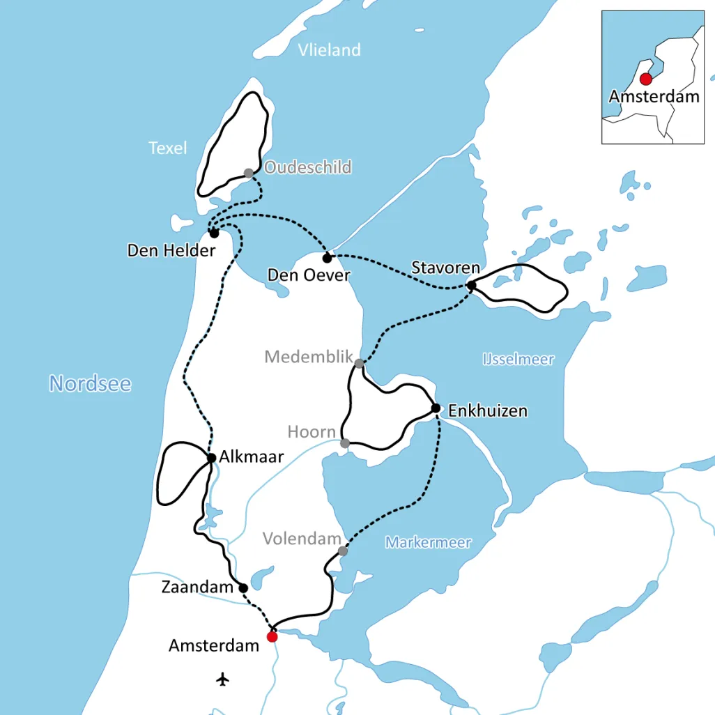 Map to the trip by bike and boat in North Holland