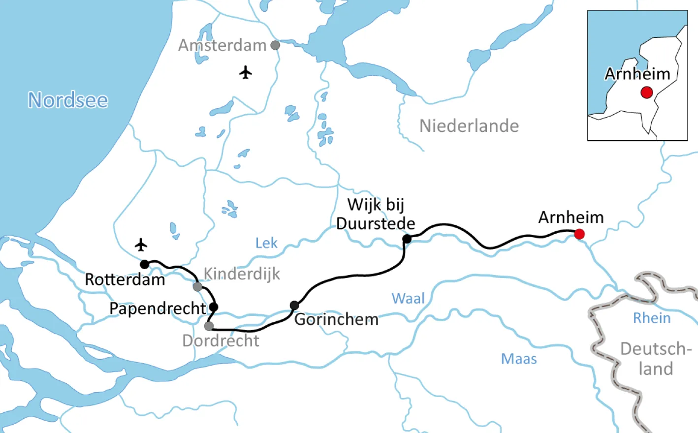 Map for the Cycling tour in Holland: Arnhem – Rotterdam