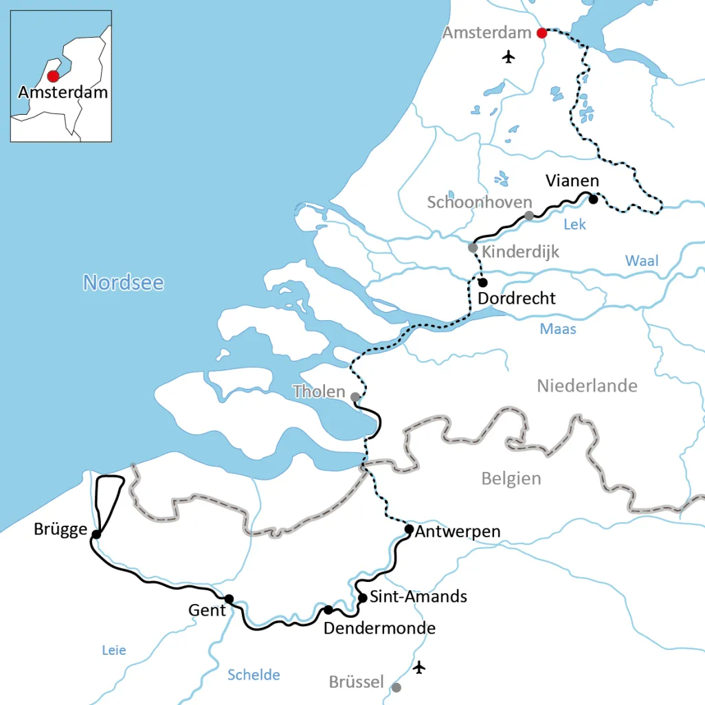 Map for the trip by bike & boat through Belgium and Holland