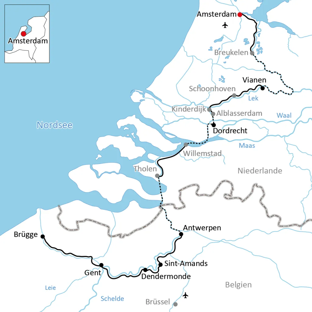 Map for the trip by bike & boat from Amsterdam to Bruges