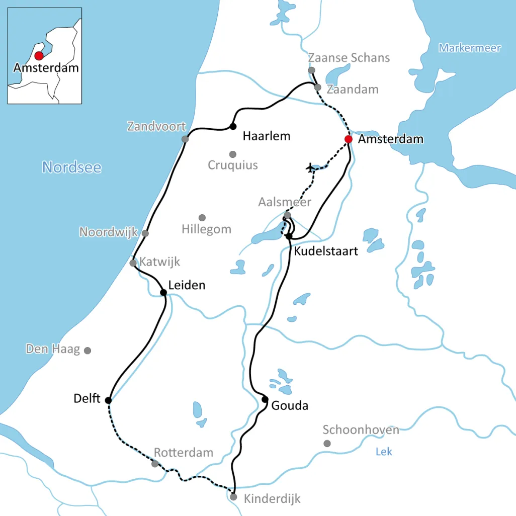 Map to bike and ship in Holland