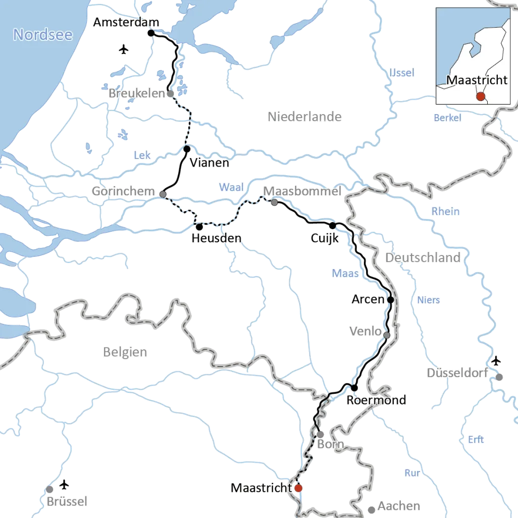 Map of the journey by bike and boat along the Meuse River
