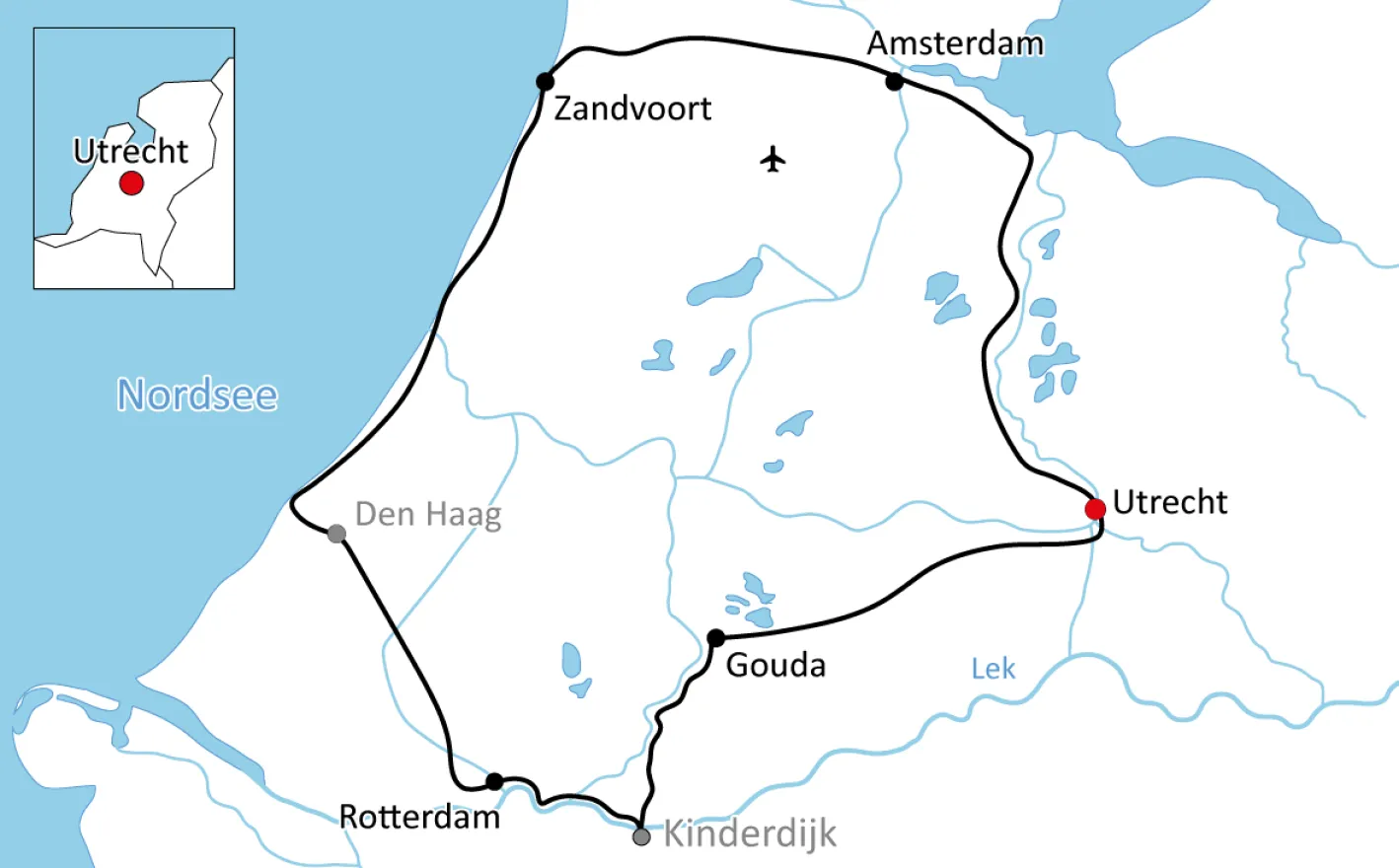 Map of the cycle tour in Holland