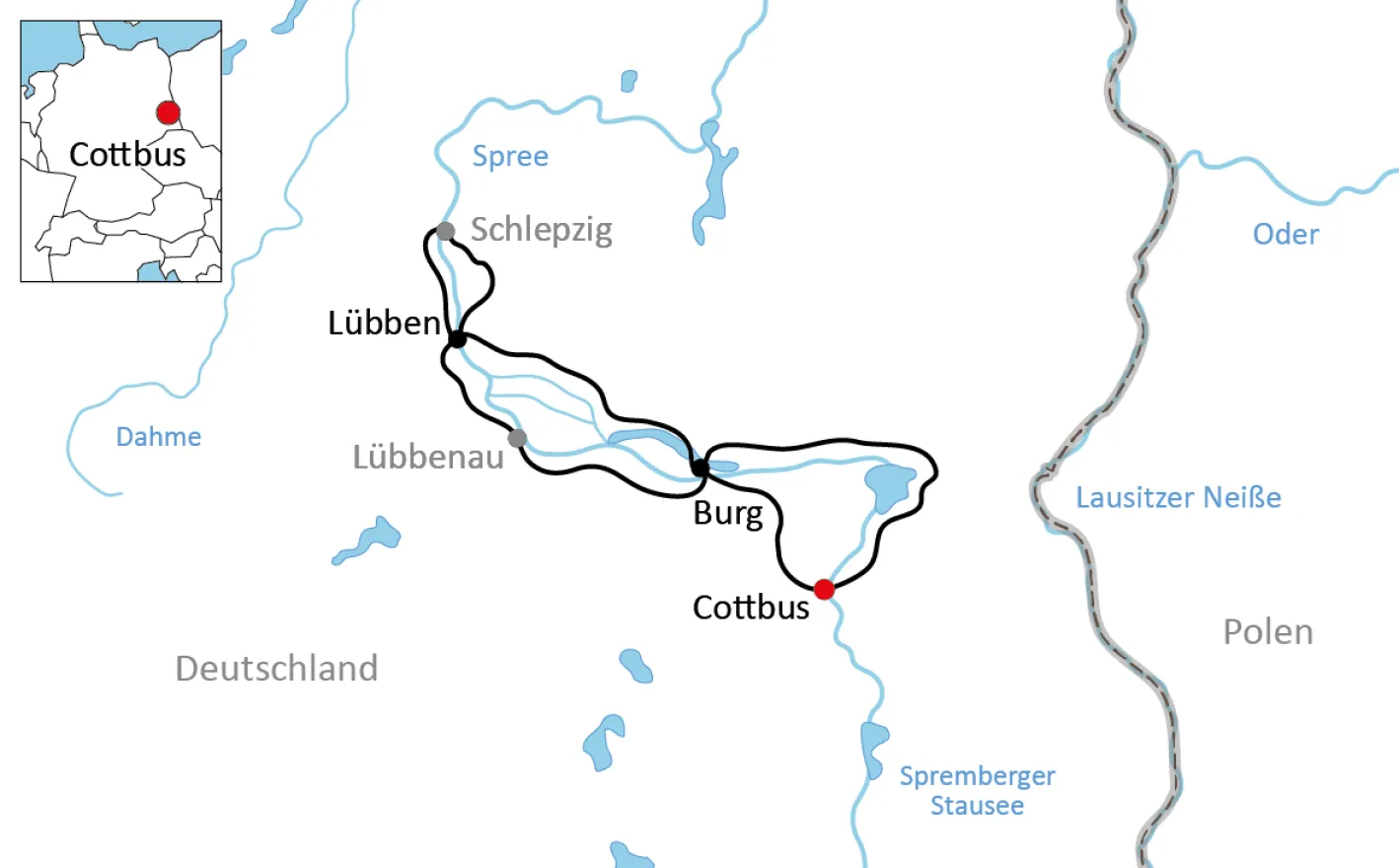 Map for the cycling holiday through the Spreewald