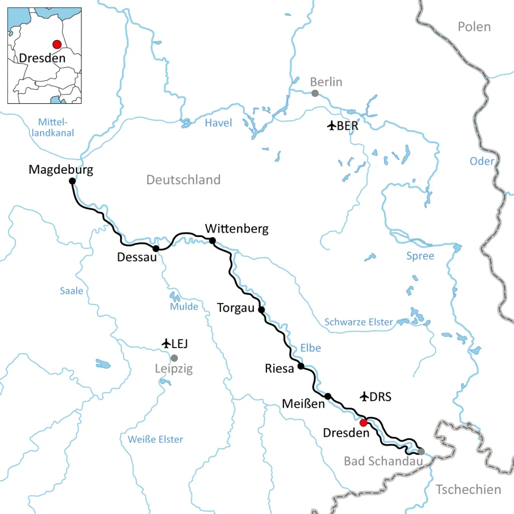 Map for the bike tour along the Elbe through Saxony
