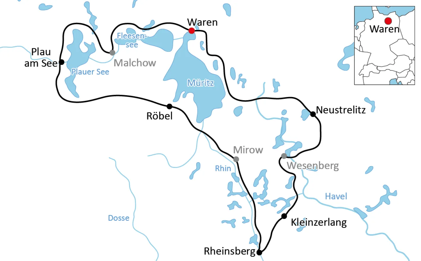 Map for the Cycle tour around the Mecklenburg Lake District