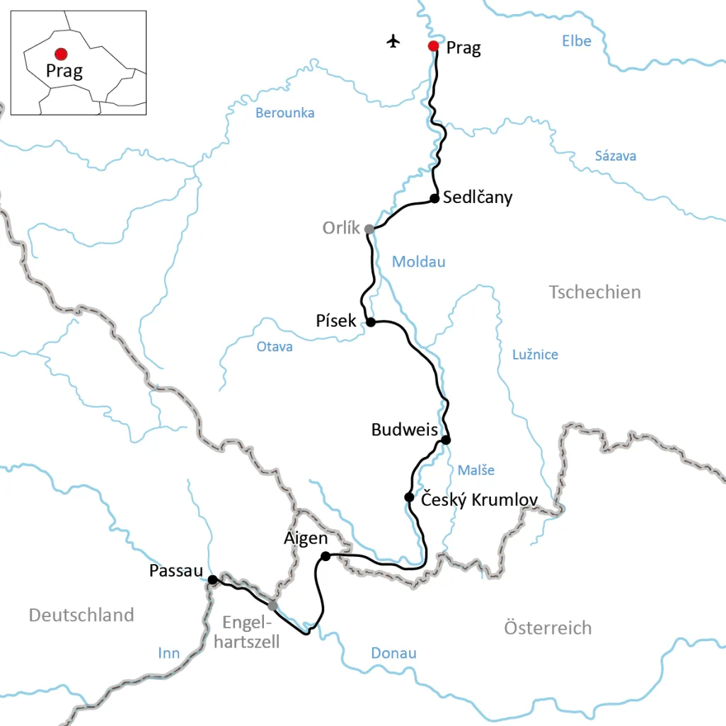 Map of the Cycle tour from Prague to Passau