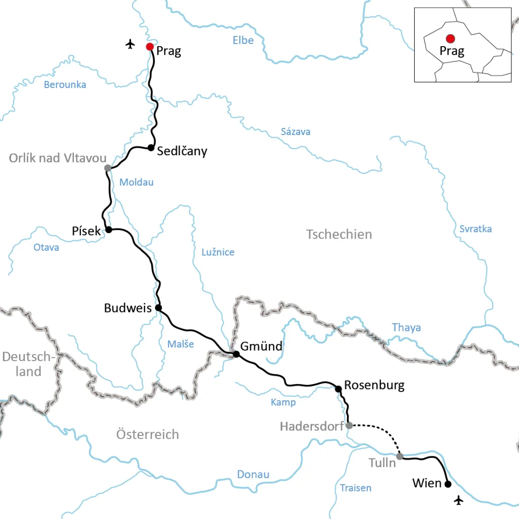 Map for the cycling tour from Prague to Vienna