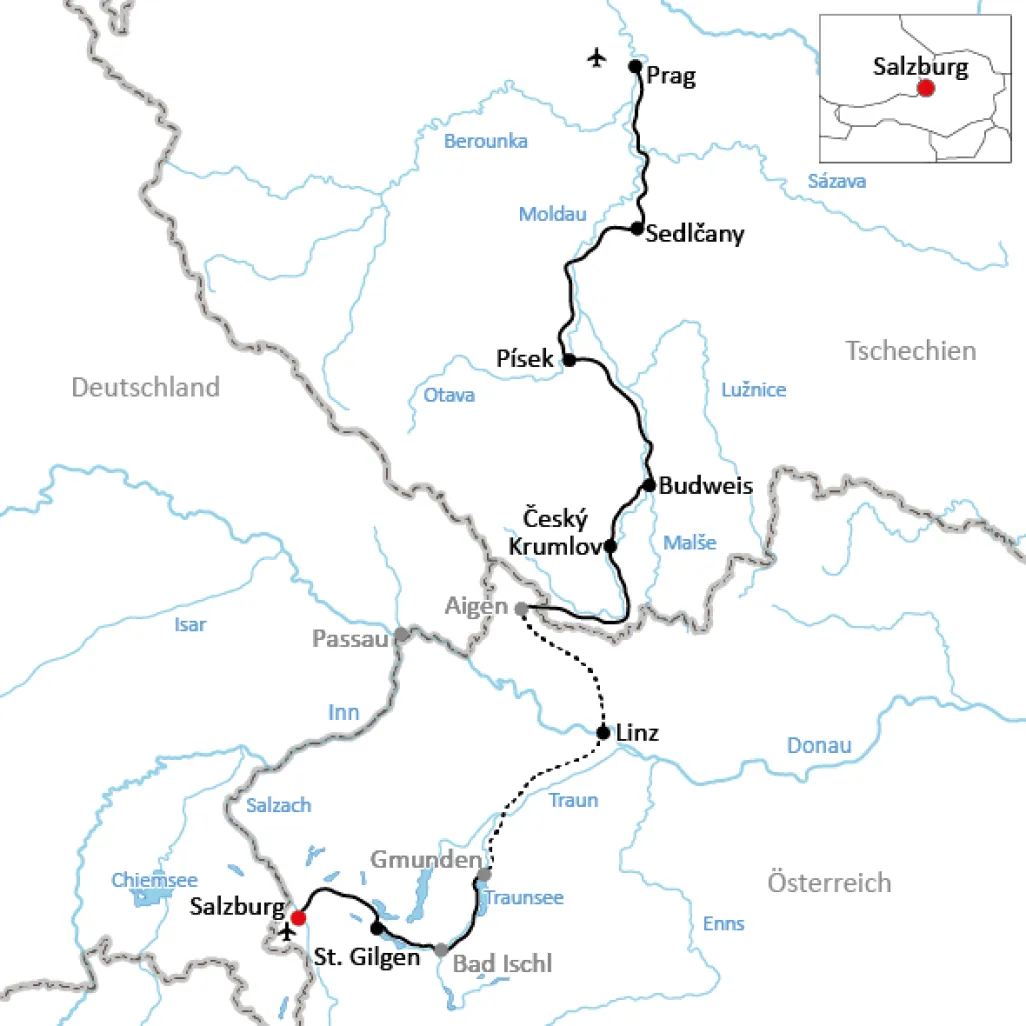 Map for the bike tour from Salzburg to Prague