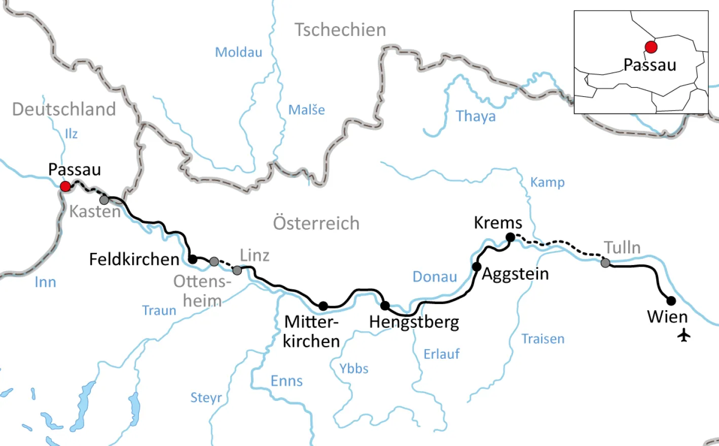 Map for the family cycling vacation along the Austrian Danube