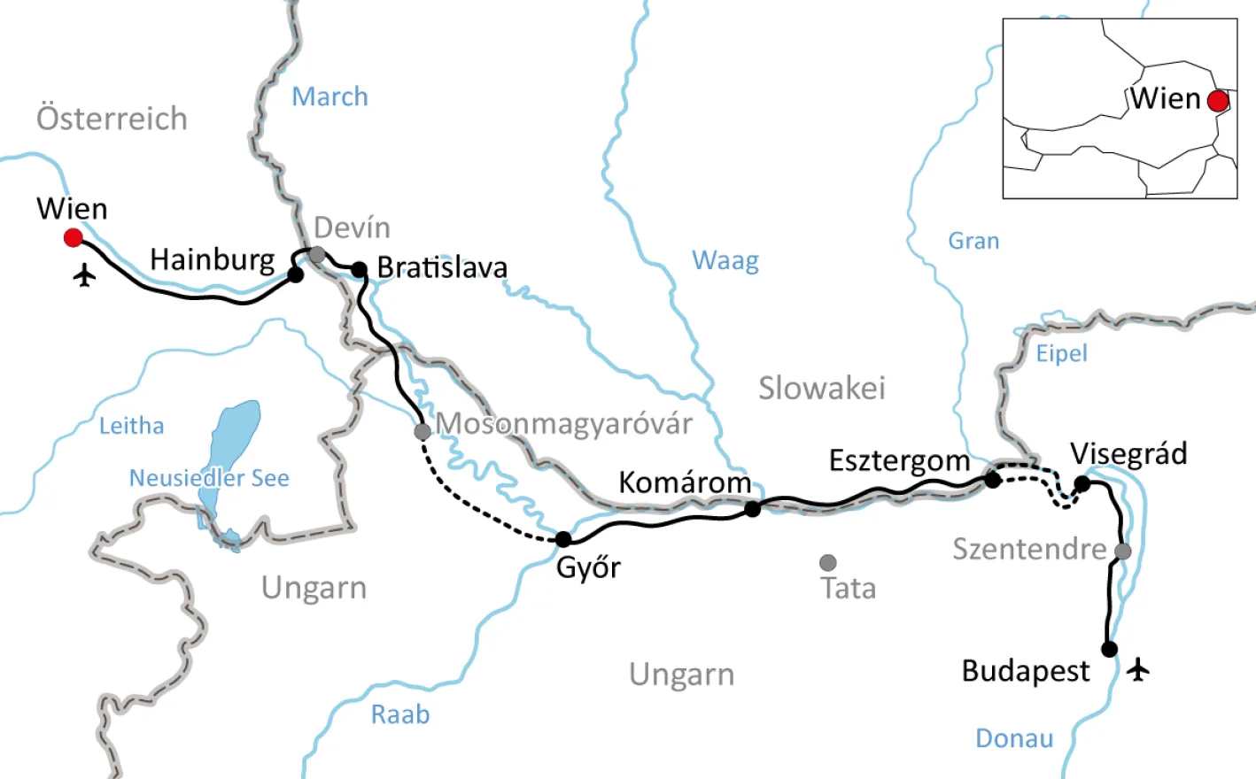 Map for the bike tour from Vienna to Budapest