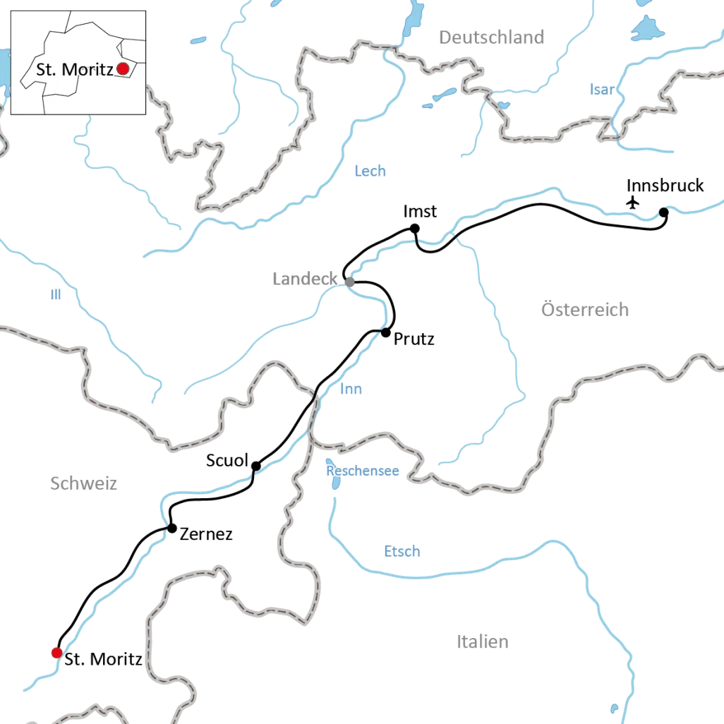 Map for the bike tour from St. Moritz to Innsbruck