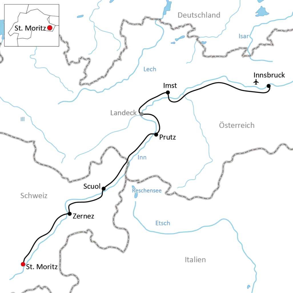 Map for the cycle tour from St. Moritz to Innsbruck