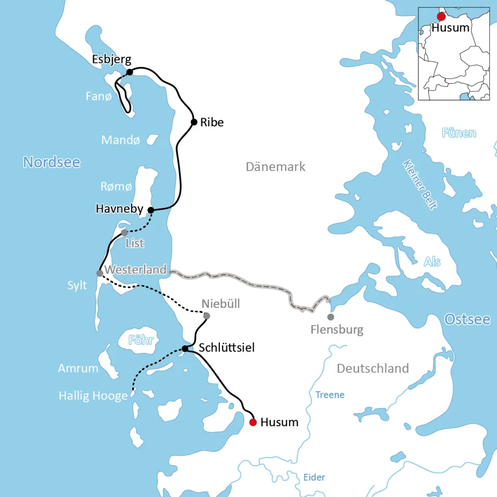 Map for the bike tour to the North Frisian Islands