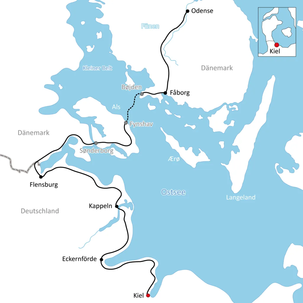 Map for the bike tour from Kiel to Odense