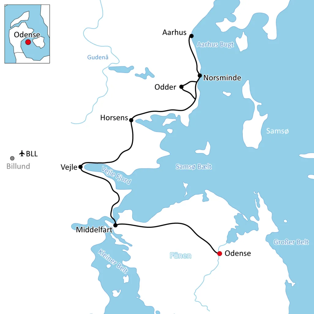 Map for cycling tour from Odense to Aarhus