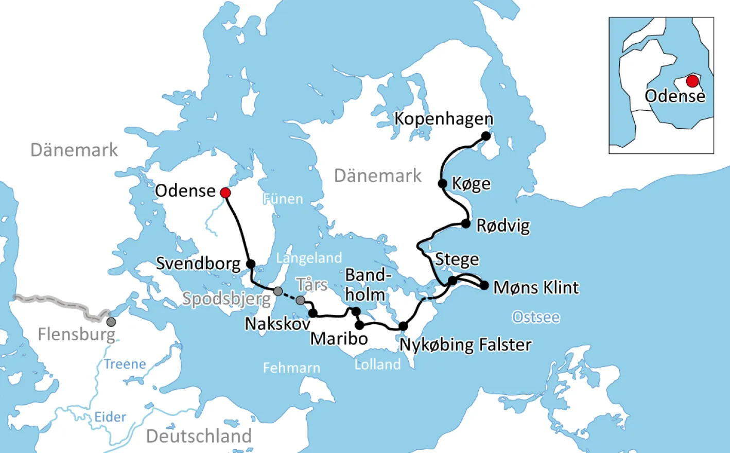 Map for the bike tour from Odense to Copenhagen