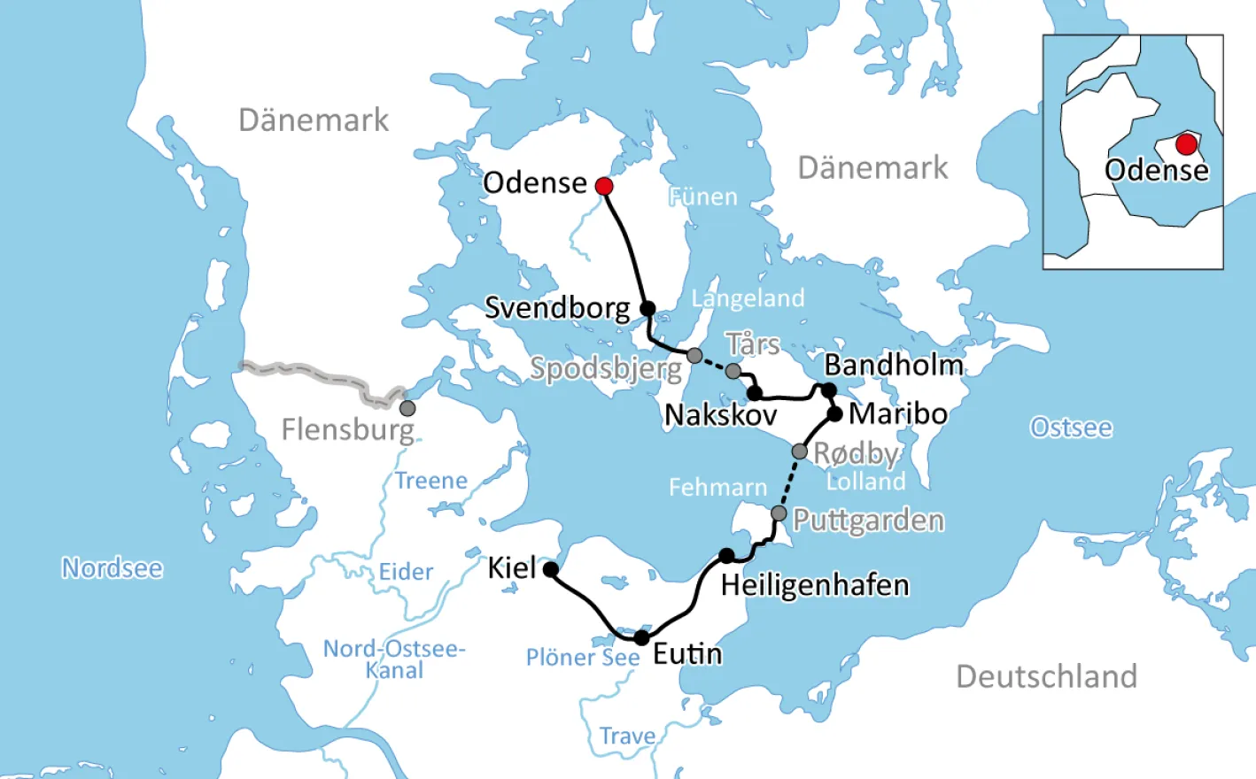 Map of the Bike tour from Odense to Kiel