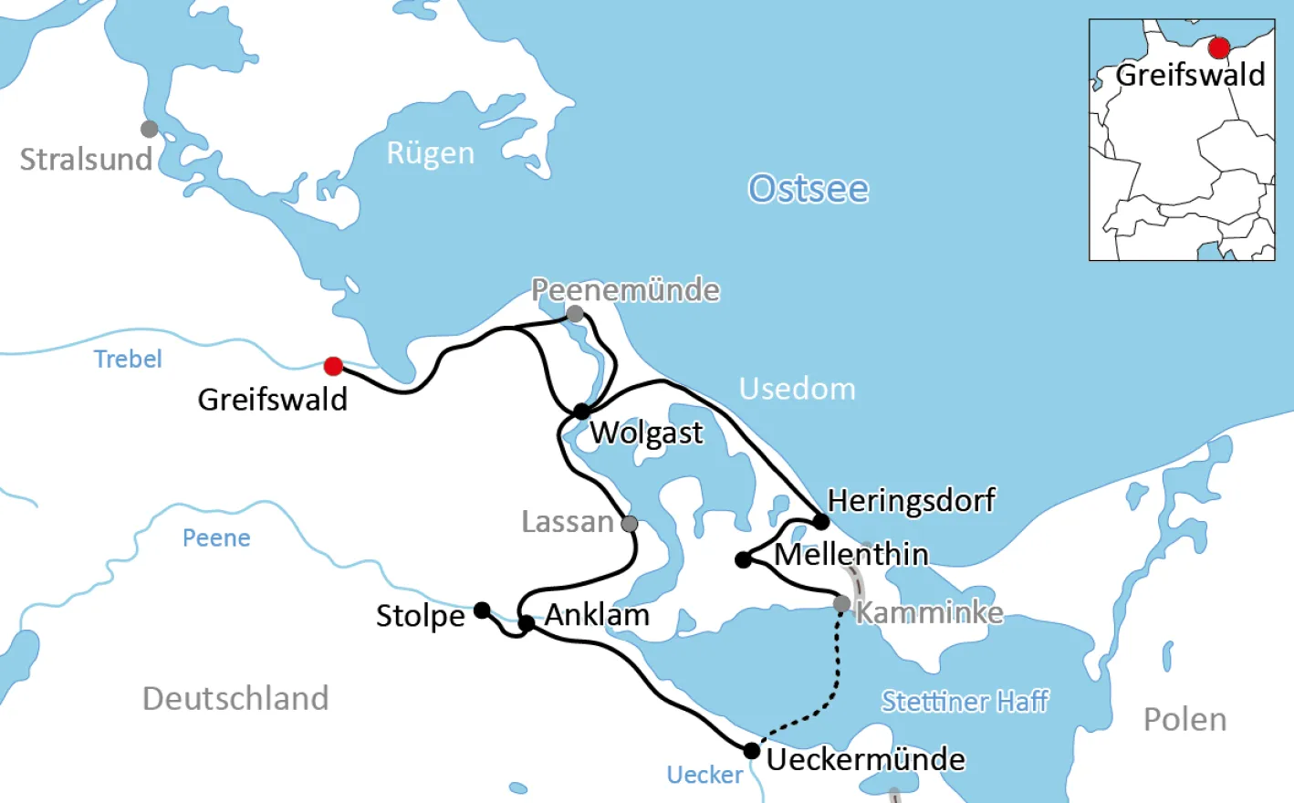 Map of Cycling tour on Usedom and along the Stettin Lagoon