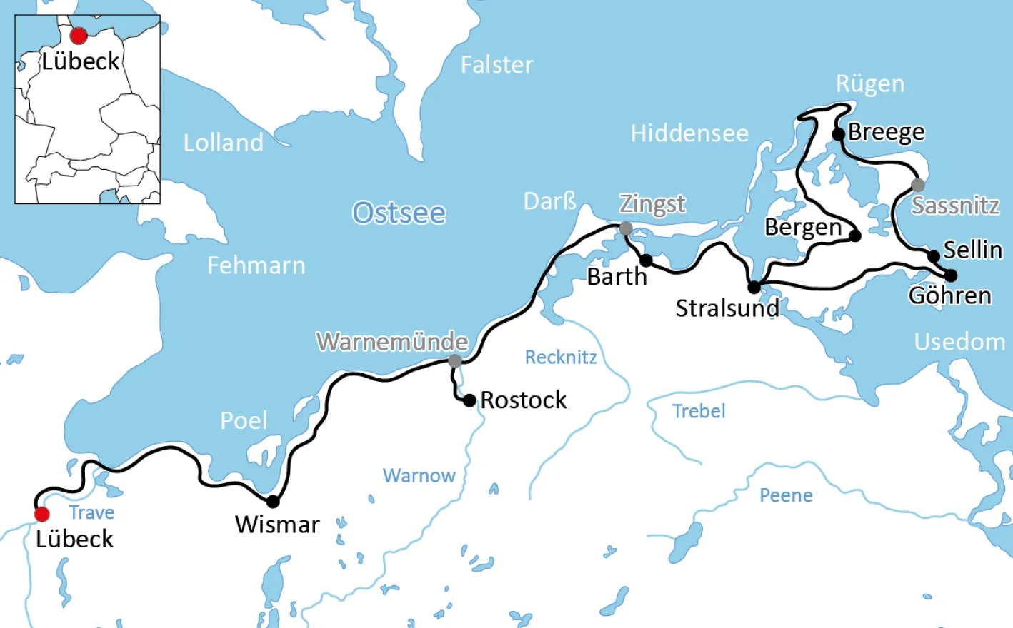 Map for the sporty bike tour from Lübeck to Stralsund