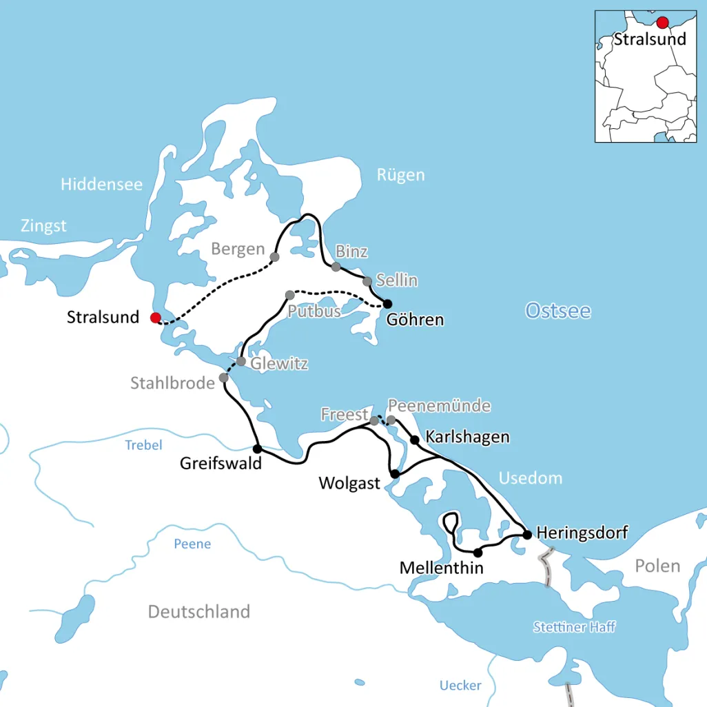 Map for the cycle tour on Rügen and Usedom